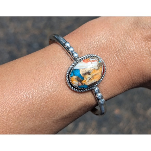 Navajo Handmade Cuff Bracelet Mohave Slab Turquoise Signed w Silver Band 6.5‎ ** - Picture 8 of 10